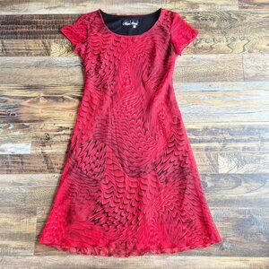 Vintage Meghan Matthes Feather Cheer Chiffon Midi Dress Lined Red Black
